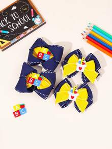 4个/2个装 女孩返校蝴蝶结发夹，黄色蓝色爱心铅笔苹果装饰发夹，可爱女孩学生毕业礼物，情人节，学校，日常佩戴 - 彩色 - 查看 4