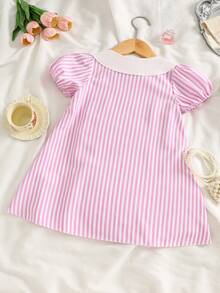 New Girls' Pink And White Striped Peter Pan Collar Puff Sleeve Shirt Dress With Bow Details, Summer Casual Dress - Baby Pink - View 4