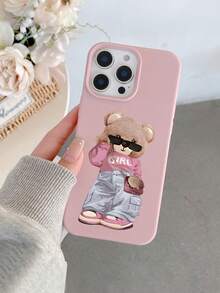 Bear 1pc Cute Pink Bear Pattern Leather Texture Phone Case Compatible With Apple 17, AIR, 17PRO, 17PROMAX, 16promax, 14/13, 12, 11 Pro Max, XS Max, X, XR, 8, 7, 6S, Plus, Mini, And Galaxy A13 5G, S21 FE5G, A15, A21S, A34, A12, S21, S25, Shockproof Phone Cover, Suitable As Birthday Gift, Girlfriend, Boyfriend Or Personal Use - Multicolor - View 2