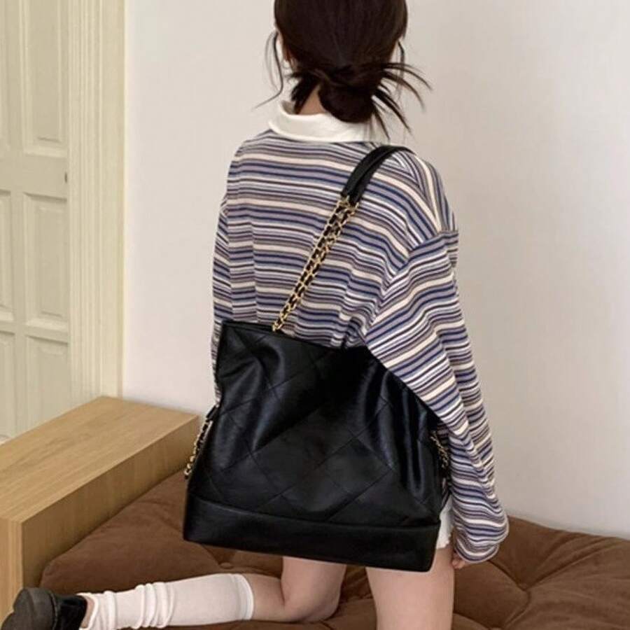 Bolso de hombro acolchado negro de gran capacidad con diseño exclusivo para mujer - Negro - Ver 1