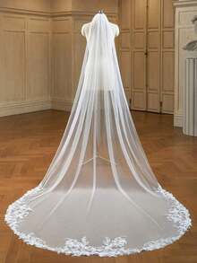 1pc Long White Single Layer Lace Cathedral Bridal Veil With Metal Comb - trắng - Xem 6