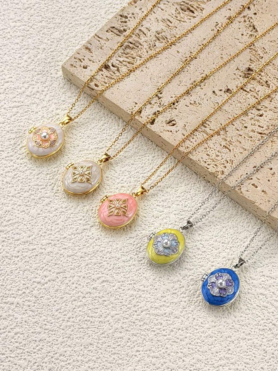 情侣款心形吊坠项链，带照片插槽 - 橢圓開合相框吊墜項鍊 - 查看 1