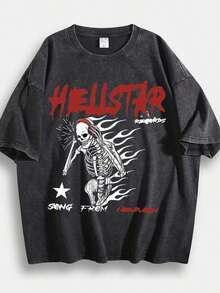 1pc Washed T-Shirt Men'S Retro Skeleton Graphic Tee, Bold Red Dripping Text With Punk Rock Vibe And White Flame-Skull Design On Vibrant Pink Background, Vintage 90S Metal Aesthetic With Star & Song From Heaven Tagline, Nostalgic Short Summer Tops Summer Clothes Shirts Spring Outfits For Women Summer Graphic Tees Women T Shirts - màu đen - Xem 6