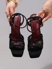 Fashionable Lace Embroidered Black High Heel Sandals, Open Toe Square Heel Wedge Slippers, High Platform Heels For Women, Sexy Party Shoes - Black - View 4
