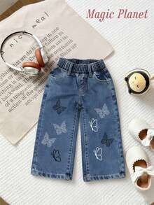 Unisex Baby Butterfly Print Denim Jeans – All-Season Wear, Mom's Top Pick, Delicate Infant Outfit - Màu xanh lam - Xem 2