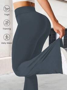 Gray High Elastic Crossover Waist Flared Pants For Women, Tummy Control 4-Way Stretch Bootcut Yoga Pants For Daily & Fitness Outfits,Women's Leggings,Gym Clothes Women,Gym Clothes Women,Summer Outfits For Women,Summer Clothes,Beachwear,Vacation Outfits Women,Vacation Essentials - 灰色 - 查看 3