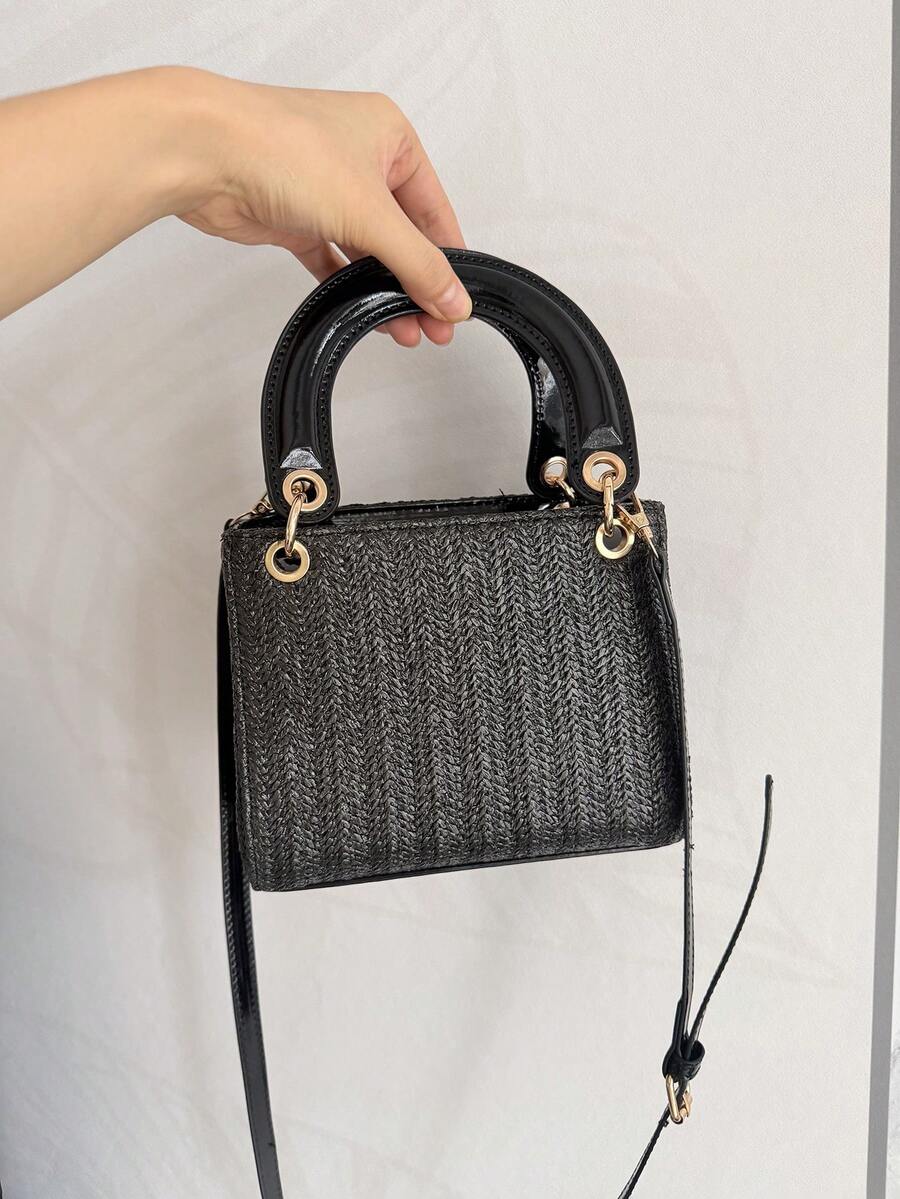 夏季新款时尚草编包，百搭小方包，女士单肩斜挎包，通勤百搭款 - 黑色 - 查看 1