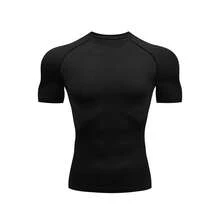 2026Short Sleeve Slim Fit Sports T-Shirt For Fitness, Men's Sports T-Shirts, Men's Casual T-Shirts, Men's T-Shirts. - 黑色 - 查看 1