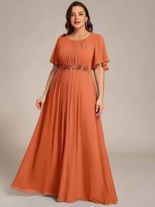 Long Chiffon Bridesmaid Dress With Floral Decor, Short Sleeve Formal Evening Gown For Wedding Party - Orange - View 4