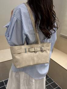 1pc Vintage Large Capacity Tote Bag, Commuter Oversized Underarm Bag, Fashion Motorcycle Bag, PU Solid Color Oiled Wax Leather, Strap Decor, Zipper Closure, Women's Shoulder Bag For Work, School, Travel, Shopping, Business, Suitable For Daily Use - Beige - View 3