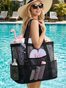 大容量网眼沙滩包，多口袋设计，专为女性和家庭打造，防沙、速干、手提，是夏季海滩度假和户外旅行的必备配件和装备，经久耐用，多功能收纳方案，是海滩度假和泳池派对的理想之选。 - 米色 - 查看 4