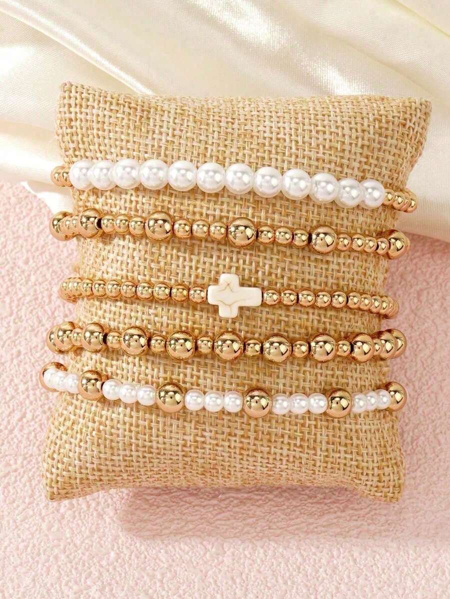 Set de 5 pulseras bohemias con cuentas doradas, pulseras elásticas con perlas falsas y colgante de cruz, regalo para mujeres y niñas, adecuado para uso diario, citas, fiestas y vacaciones - Dorado - Ver 1