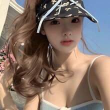French Style Bow Visor Hat | Sweet Girl Sun Protection Cap For High Ponytail - Đen và trắng - Xem 4