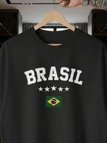 Unisex T-Shirt Supporting The Brazilian National Football Team, Green And Yellow, Short Sleeve, Men's And Women's, 100% Cotton, Casual, Crew Neck - 黑色 - 查看 2