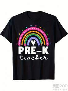 Women'S Pre-K Teacher T-Shirt - Soft Breathable 220gsm Heavyweight, Retro Rainbow & Hearts Design With Pre-K Lettering, All-Season Casual Educator Apparel For Preschool Staff, & Teachers - Multicolor Graphic Short Sleeve Round Neck Tee - màu đen - Xem 1