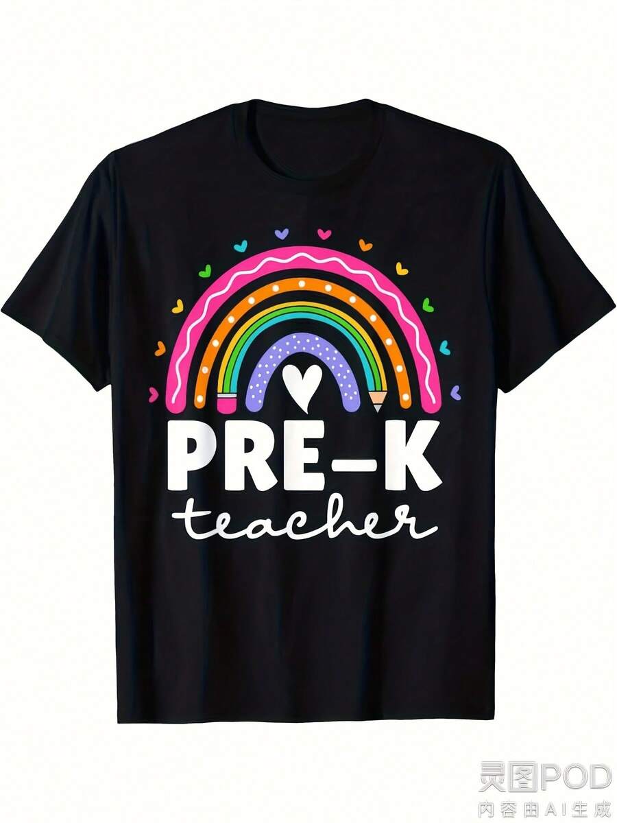 Women'S Pre-K Teacher T-Shirt - Soft Breathable 220gsm Heavyweight, Retro Rainbow & Hearts Design With Pre-K Lettering, All-Season Casual Educator Apparel For Preschool Staff, & Teachers - Multicolor Graphic Short Sleeve Round Neck Tee - màu đen - Xem 1