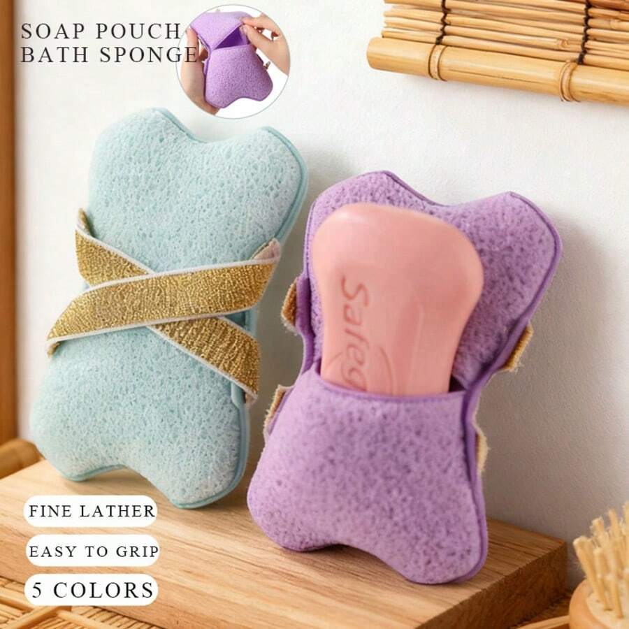1个带皂袋的去角质沐浴海绵。意大利深层清洁海绵，配有皂袋和手带，男女通用 - 可在淋浴或泡澡时使用 - 2个双面沐浴泡沫袋，沐浴海绵皂袋，二合一去角质沐浴海绵套装，带手带的身体磨砂沐浴海绵，日常护肤程序 - 紫色 - 查看 1