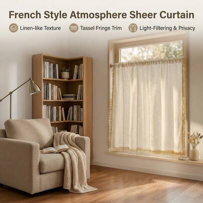 1件美式复古亚麻质感加厚薄纱蕾丝窗帘，适用于卧室、客厅、阳台、书房、隐私隔断