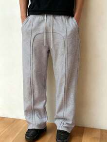 Men's Casual Solid Color Drawstring Waist Sports Wide Leg Pants, All Seasons, Fall - Màu Xám nhạt - Xem 3