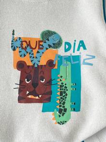 2 Peças Conjunto de Bebê Menino com Top de Manga Curta Gola Redonda com Estampa de Tigre Cartoon e Listras Decorativas Azul Marinho, Combinando com Shorts de Cintura Elástica Azul - Cinza Claro - Visão 5