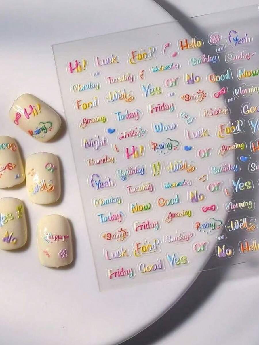 1片3D立体彩色英文字母美甲贴纸,多巴胺周及情绪字母美甲贴花,防水DIY美甲装饰 - 彩色 - 查看 1
