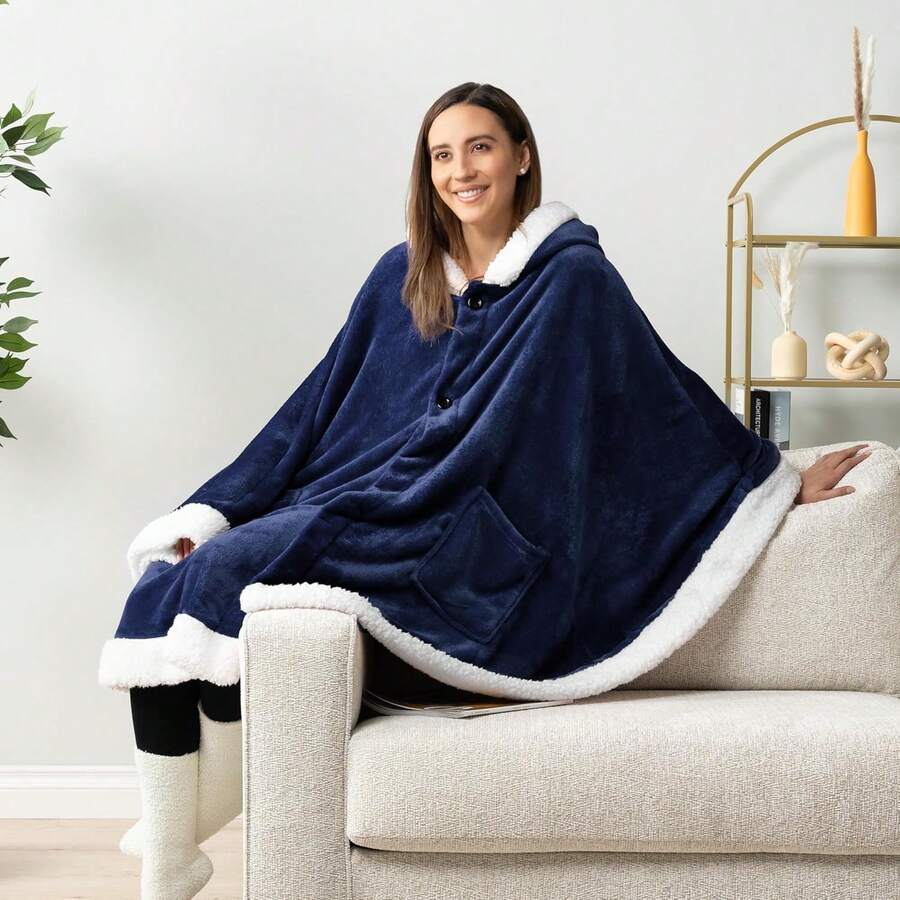 带帽斗篷毯，女士可穿戴毯斗篷披肩，天使披肩斗篷，法兰绒羊毛成人女士可穿戴毯，舒适抓绒带帽斗篷披肩，超柔软带帽电视毯 - 寶藍色 - 查看 1