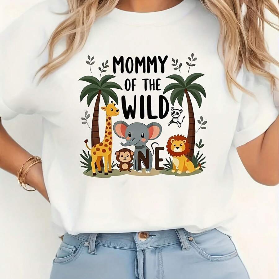 Camiseta feminina com estampa de animais da africana - Blusa macia e respirável de manga curta e gola redonda com estampas de girafa, elefante e leão da selva - Camiseta casual em formato H, ideal para presentear no Dia das Mães e para looks de primavera, verão e outono. 1 camiseta. Camiseta feminina para o Dia das Mães de 2026. - Branco - Ver 1