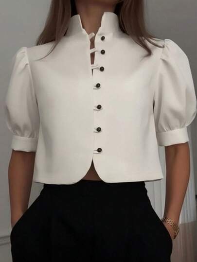 Chaleco de burbuja de cuello cuadrado elegante y casual con botones de tela - Blusa de primavera y verano para mujer, adecuada para estilo de vacaciones/uso diario/atuendo de oficina de lujo ligero, color blanco puro
