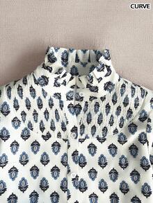 Women's Fashion Casual Shirt, Holiday Inspired Multi-Color Blue Ditsy Floral, Lace Trim Collar & Cuffs, Ruffle Decor, Single-Breasted Front, Short Loose Sleeve, Spring/Summer - Blue and White - View 3