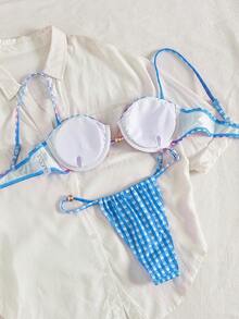 PEPPERMOLLY New Soft Solid Color Adjustable Strap Backless Elegant Party Bikini Set, Summer Beach Fashion Swimwear For Women Vacation - Blue - View 3