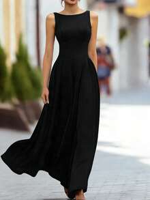 女士长裙，适合通勤/办公/聚会/婚礼/度假，黑色无袖修身优雅连衣裙，女士夏季服装 - 黑色 - 查看 5