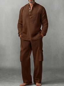 2pc Set Men's Casual Stand Collar Button Front Long Sleeve Loose Breathable Lightweight Shirt And Solid Color Pants, Practical Outfit For Outdoor Commute, Spring & Summer,Fall Clothes, Cozy Outfits - 咖啡棕 - 查看 12