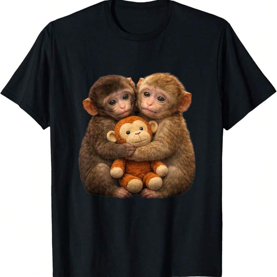 Monkey Punch With His Girlfriend Monkey Punch Plush Hugging T-Shirt - Black - View 1