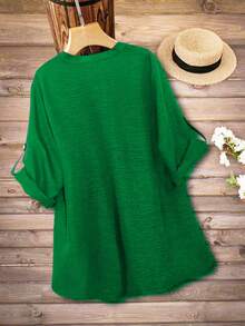 Camisa casual de talla grande con botones decorativos y cuello de solapa - Verde - Ver 8
