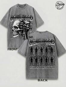 Men's Spring/Summer Plus Size Retro Washed Double-Sided Crew Neck Short-Sleeve T-Shirt, Loose Fit, Sizes M-5XL, Godspeed Mechanical Skull And Human Silhouette Pattern, 230g Combed Washed Cotton, Street Style Short-Sleeve Top, American Dark Hardcore Style Clothing, Suitable For Everyday Casual Wear In Summer - Xám - Xem 8