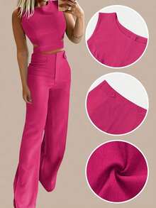 Women Casual Slim Fit Button-Up Suit Set, Modest Black Summer - Hot Pink - View 3