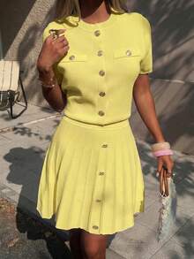 Women's Minimalist Elegant Knit Two Pieces Set, Casual Chic Style, Spring/Summer - Yellow-green - View 10