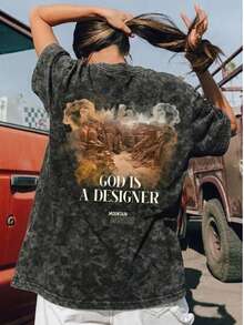 女士标准水洗T恤 | “上帝是设计师”基督教信仰图案T恤 | 复古山景印花 | 简约休闲街头风上衣 - 黑色 - 查看 3