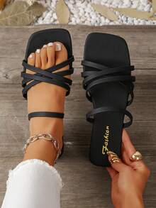 Women's Criss-Cross Strap Flat Sandals, Vacation Style Square Toe Solid Color Slides - Black - View 6