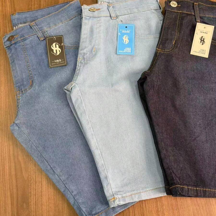 Kit Of 3 Men's Denim Shorts With Black Whiskers, Premium Dark Wash, Various Washes, With Elastane - 中等水洗藍 - 查看 1