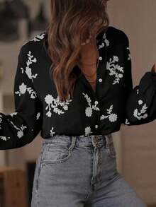 Hot Selling Retro Embroidery Ruffle Hem Floral & Leaf Print Buttoned Women Blouse, Daily Wear Spring - màu đen - Xem 5