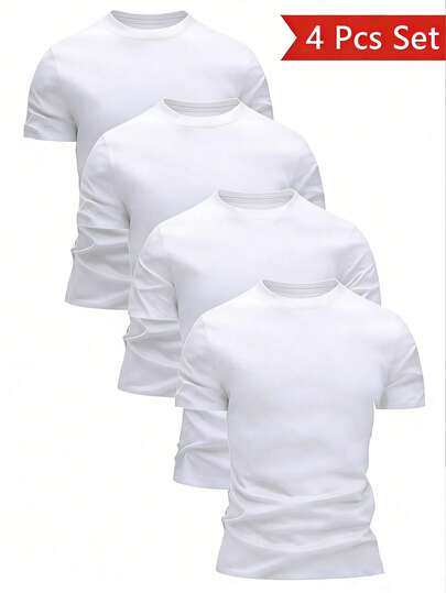 4pcs/Set Men's Casual Solid Color Round Neck Short Sleeve T-Shirt Set, Summer