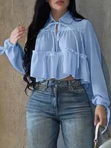 Women's Elegant Casual Shirt, Irregular Design, Lapel Tie Lantern Sleeve Loose Shirt, Solid Color Woven Fabric Pleated Hem, Elegant For Daily, Date, Vacation, Spring/Summer - Sky Blue - View 6
