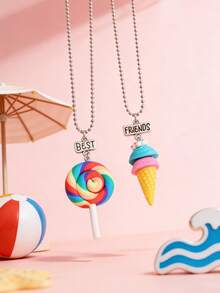 2pcs/Set Girls Cute Ice Cream Pendant Necklace Set, Eternal Friendship Jewelry For Best Friends, Daily Wear, Sister Gift, Birthday Present - Multicolor - View 3