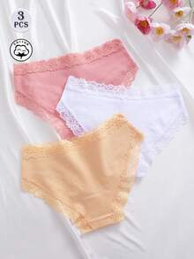 3条/套纯色棉质罗纹蕾丝拼接性感舒适女士内裤，适合情人节、圣诞节、秋冬季、春夏日常穿着 - 彩色 - 查看 3