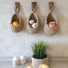 Bohemian Handmade Woven Hanging Basket Set, Rustic Art Style, Thick Material, Strong Load-Bearing Capacity, Multi-Functional Wall-Mounted Design, Can Be Used As Mesh Storage Basket, Fruit And Vegetable Storage Basket, Suitable For Kitchen Storage, Room Decoration, Living Room Storage, Wall Decoration - Multicolor - View 4