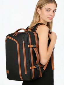 1pc Large Capacity Business Travel Backpack With Luggage Strap And USB Charging Port. Multi-Compartment Laptop Backpack With Separate Shoe Compartment And Luggage Sleeve. Practical Student Laptop Bag With Laptop Compartment. Solid Color Sports Backpack With Handle. High Capacity Student Backpack. - Black - View 10