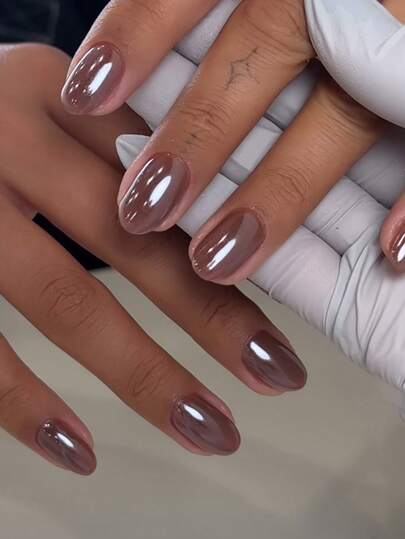 Instantly Enhances Your Charm 24pcs Press On Nails Medium, Fashionable Street Business Casual Fake Nails, Modern Simplicity, Brown Electroplated Nail Art, Hot Girl Oval Fake Nail Set, Suitable For Girls And Women In Daily Life, Street Rock, Music Festivals, Beach Parties, Nail Supplies,Exquisite Detachable And Reusable Fake Nails Make Your Fingers More Charming, Spr