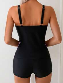 女士时尚吊带背心套装，圆领花卉饰边上衣搭配纯黑色泳裤，休闲性感，中等弹力。度假装。 - 黑色 - 查看 3