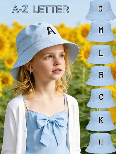1顶儿童蓝色字母渔夫帽，防晒多功能遮阳帽，女童款蓝色渔夫帽，春夏户外徒步露营沙滩街头风帽子，家庭旅行必备单品，适合8-16岁儿童